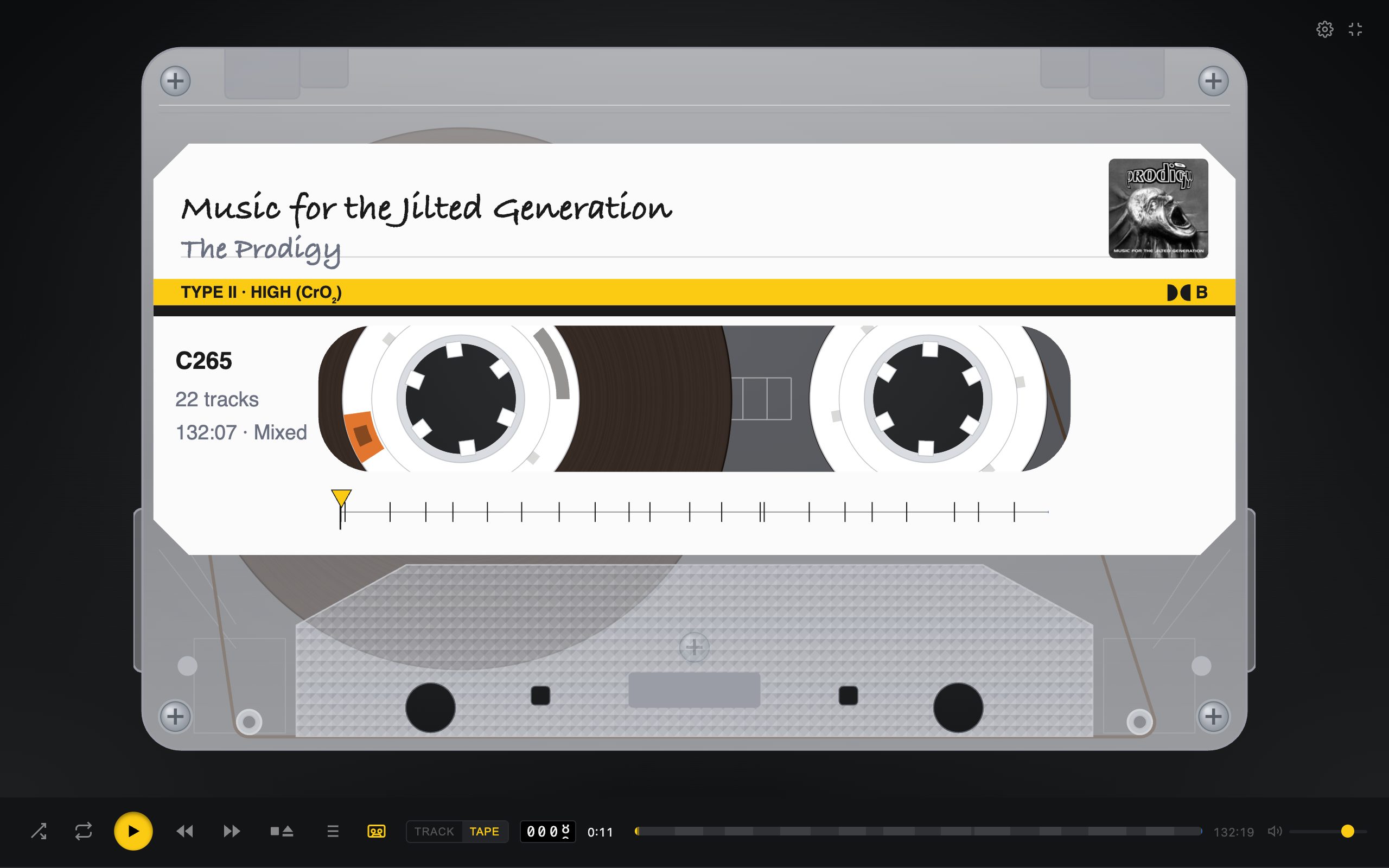The cassette full screen, with a handwritten label, a tape-type stripe and an index of tracks