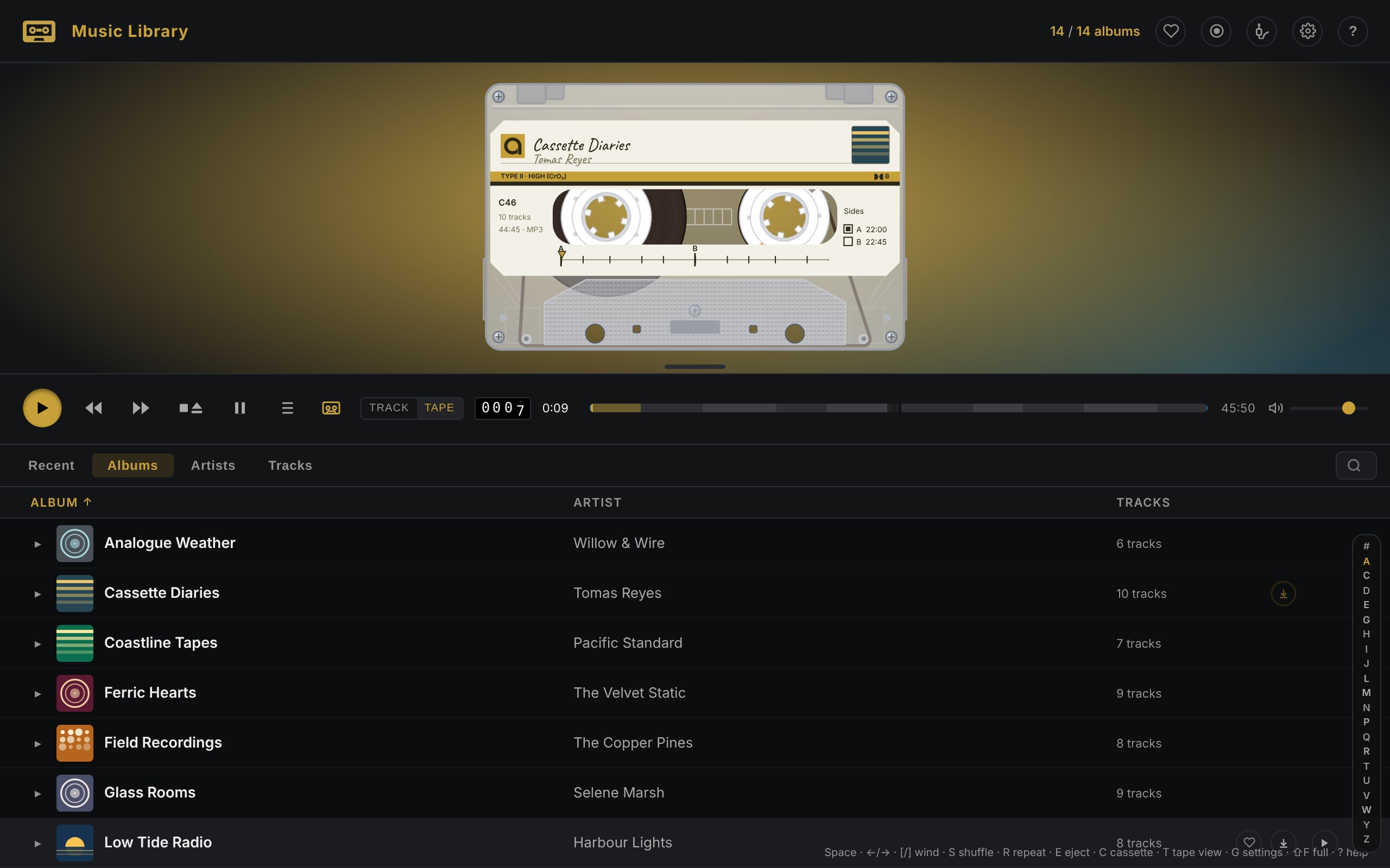 Tape Deck on the Mac: a cassette docked above the transport keys, and the albums list under it